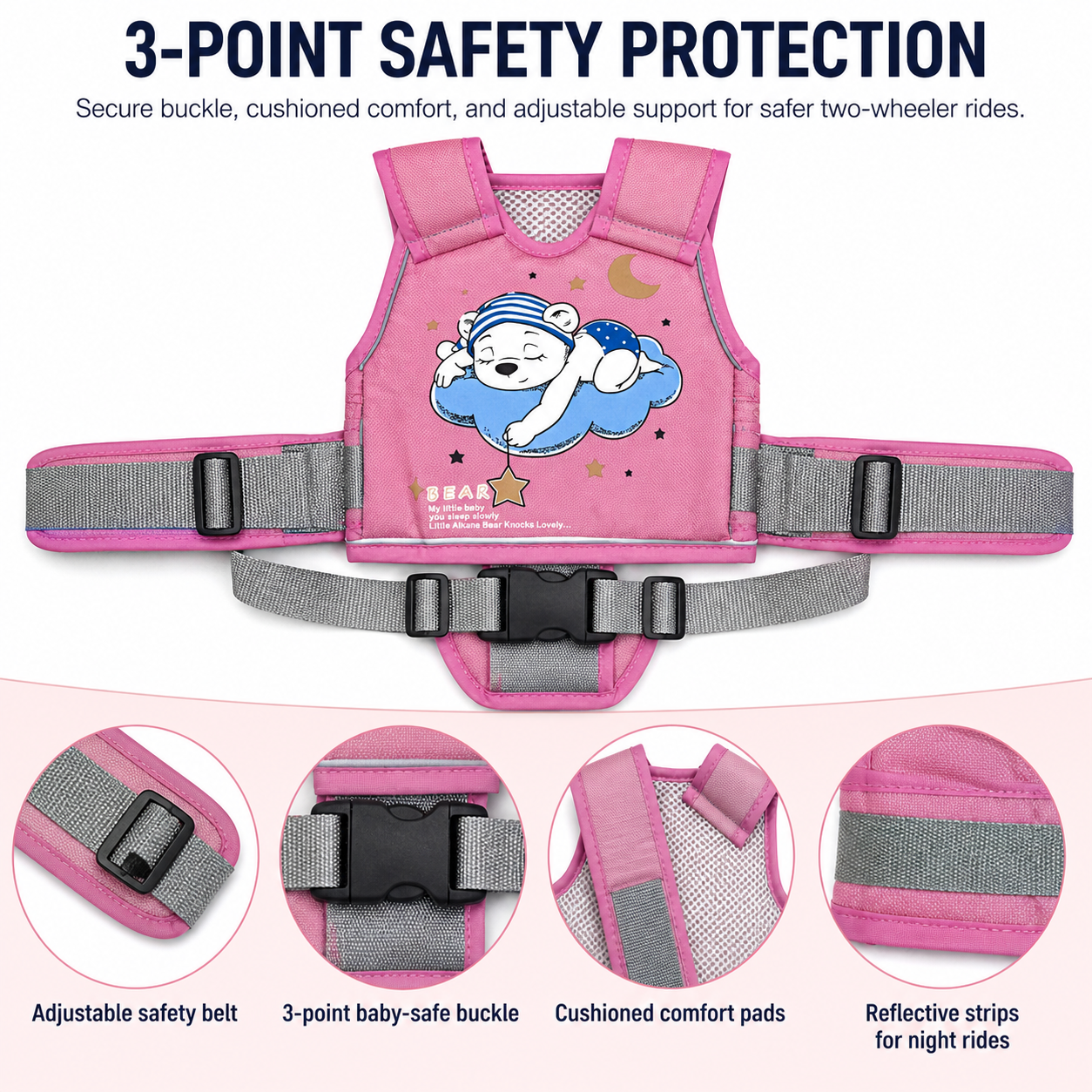 Pink Bear Kids Safety Belt for Two-Wheeler