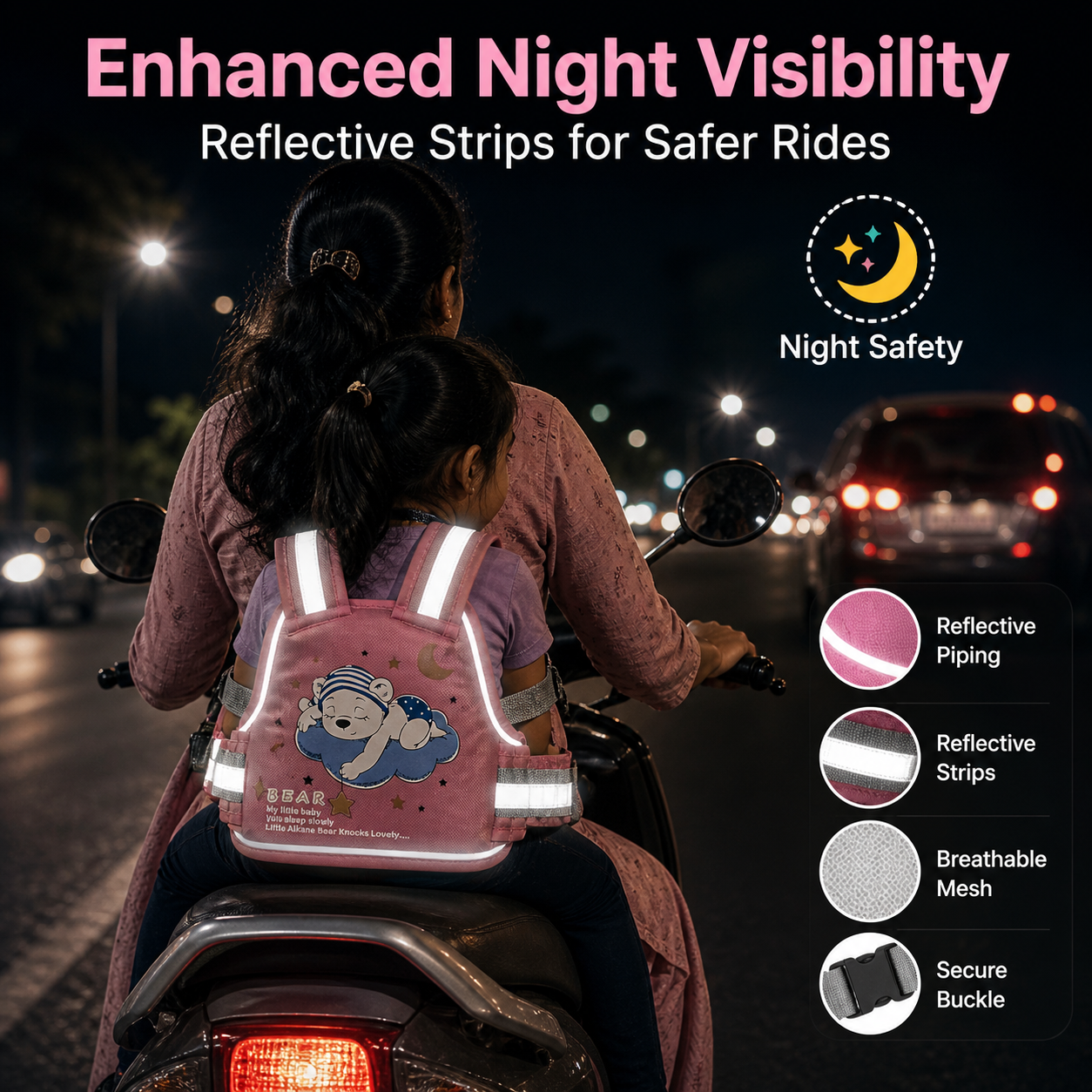 Pink Bear Kids Safety Belt for Two-Wheeler