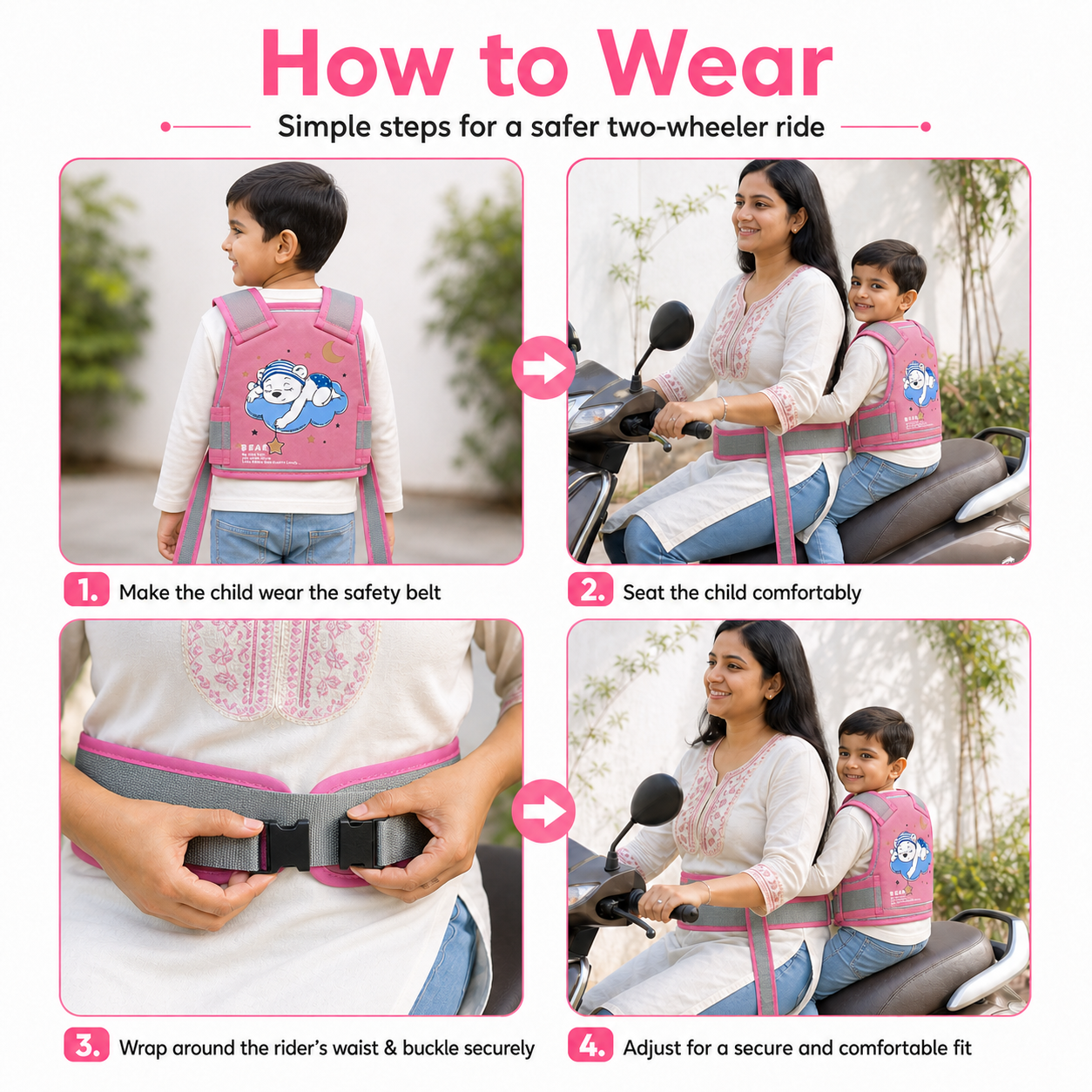 Pink Bear Kids Safety Belt for Two-Wheeler