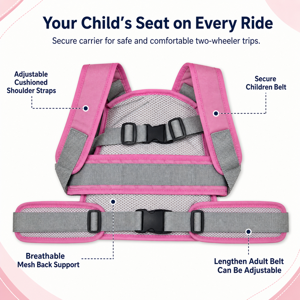 Pink Bear Kids Safety Belt for Two-Wheeler