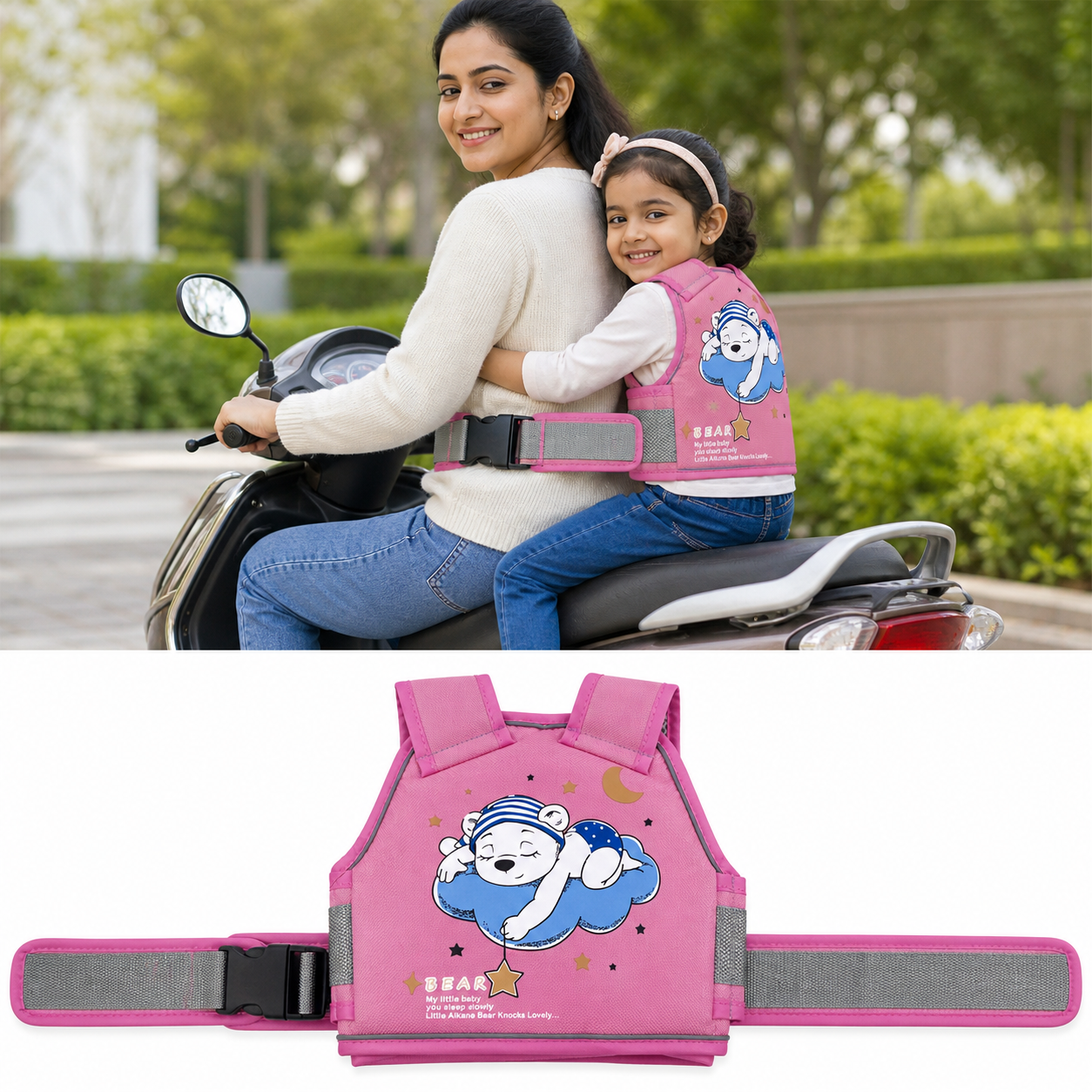 Pink Bear Kids Safety Belt for Two-Wheeler