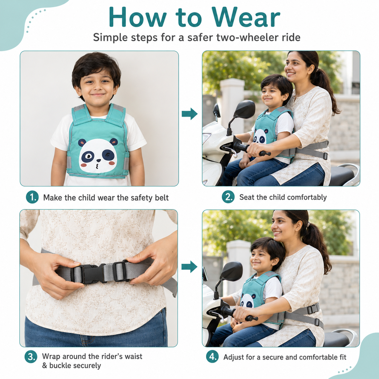 Green Koala Kids Safety Belt for Two-Wheeler