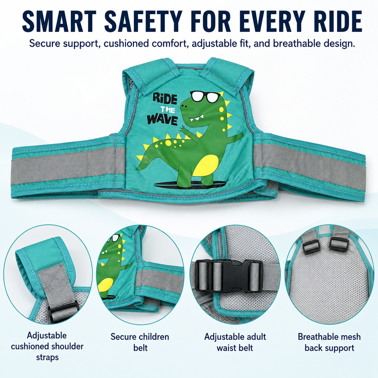 Green Dino Kids Safety Belt for Two-Wheeler