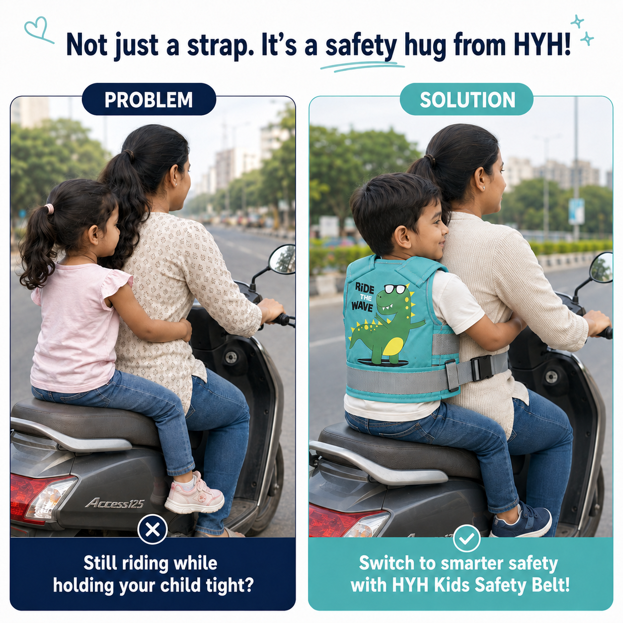 Green Dino Kids Safety Belt for Two-Wheeler