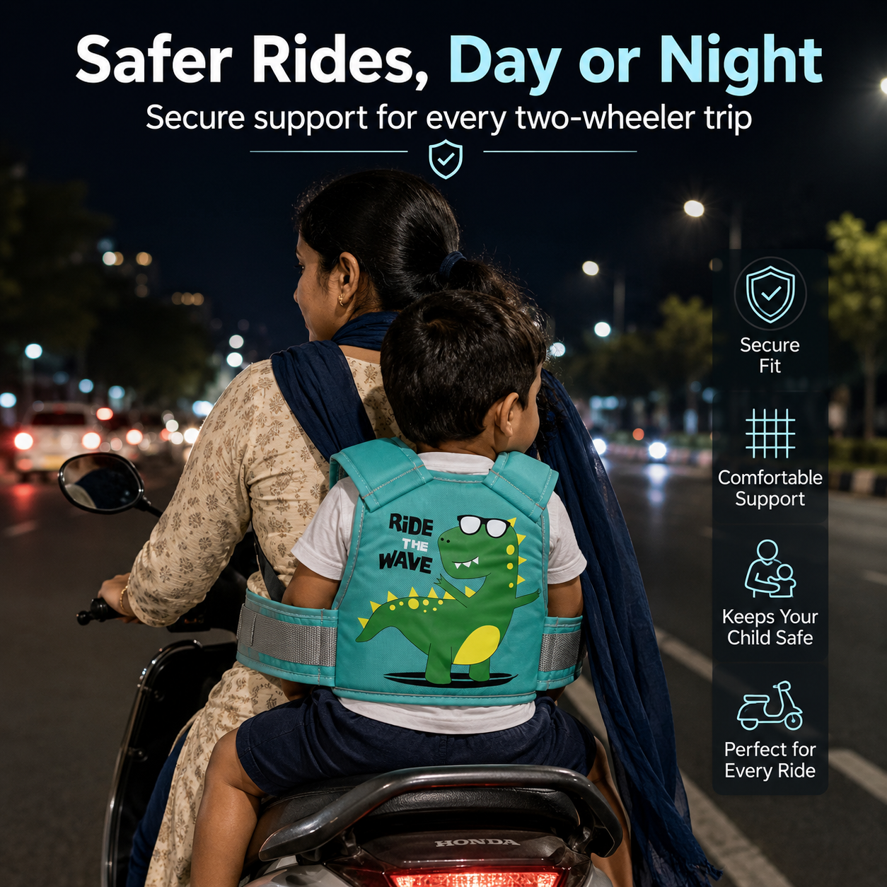 Green Dino Kids Safety Belt for Two-Wheeler
