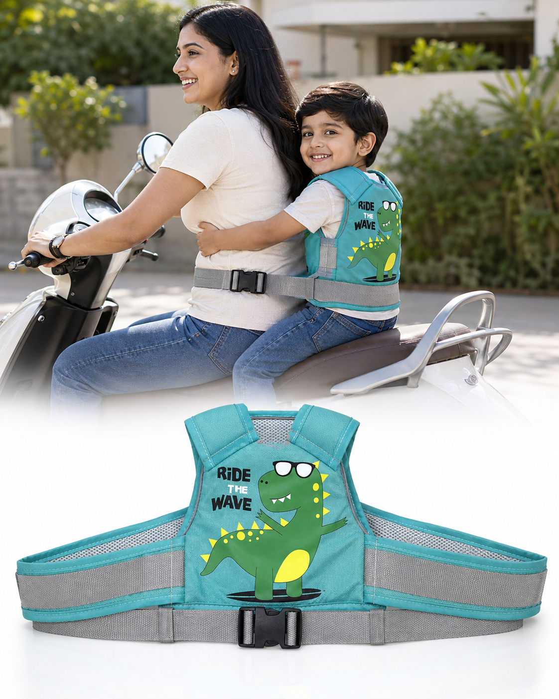 Green Dino Kids Safety Belt for Two-Wheeler