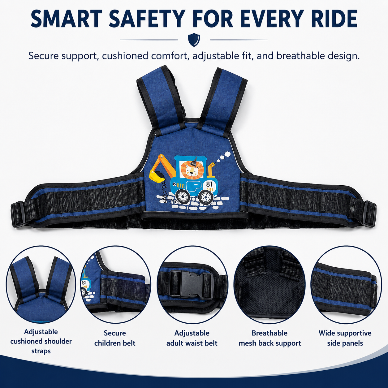 Navy Blue Lion Kids Safety Belt for Two-Wheeler
