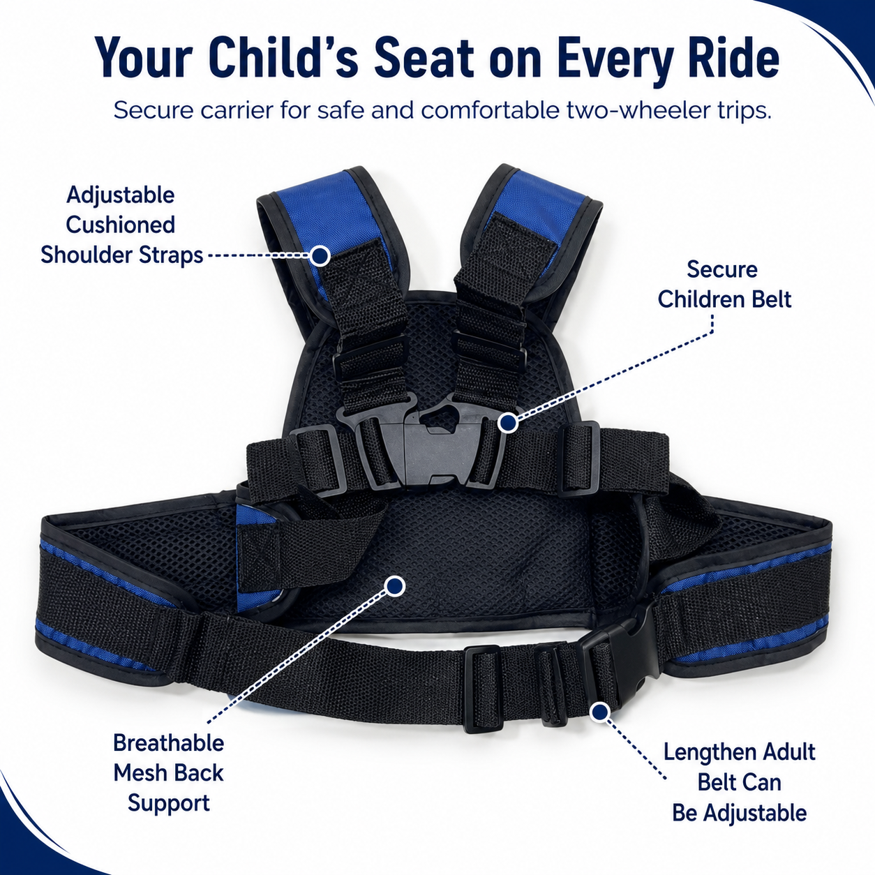 Navy Blue Lion Kids Safety Belt for Two-Wheeler