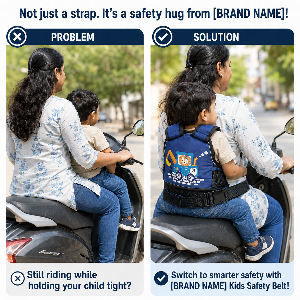 Navy Blue Lion Kids Safety Belt for Two-Wheeler