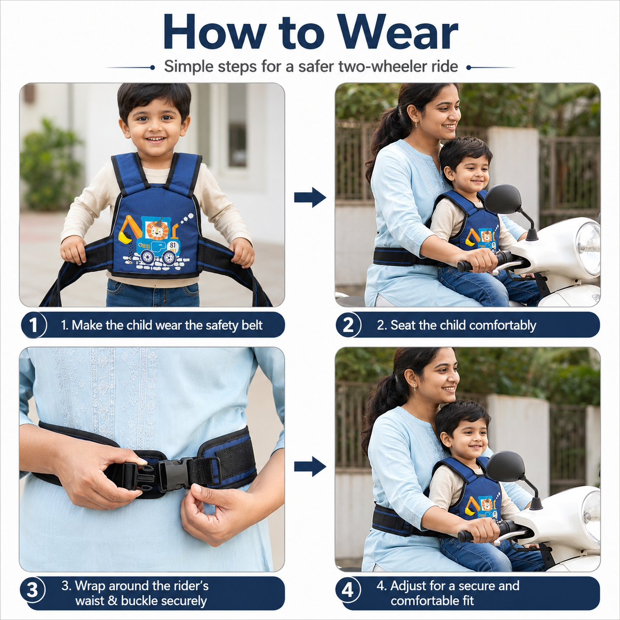 Navy Blue Lion Kids Safety Belt for Two-Wheeler