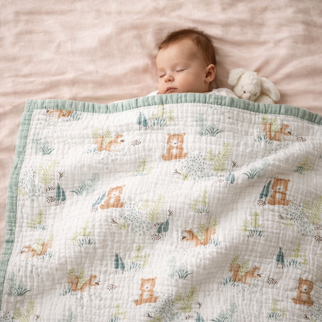 Squirrel Bear Print Muslin New Born Baby Blanket | 100% Cotton Multipurpose Blanket for Babies