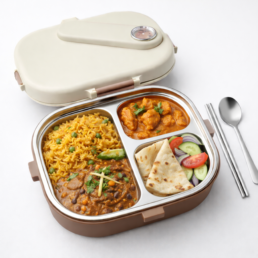 Lunch Box with Stainless Steel Inner Tray (900 ml) + Steel Spoon & Chopsticks | With Steam Vent | Leak proof lunch box