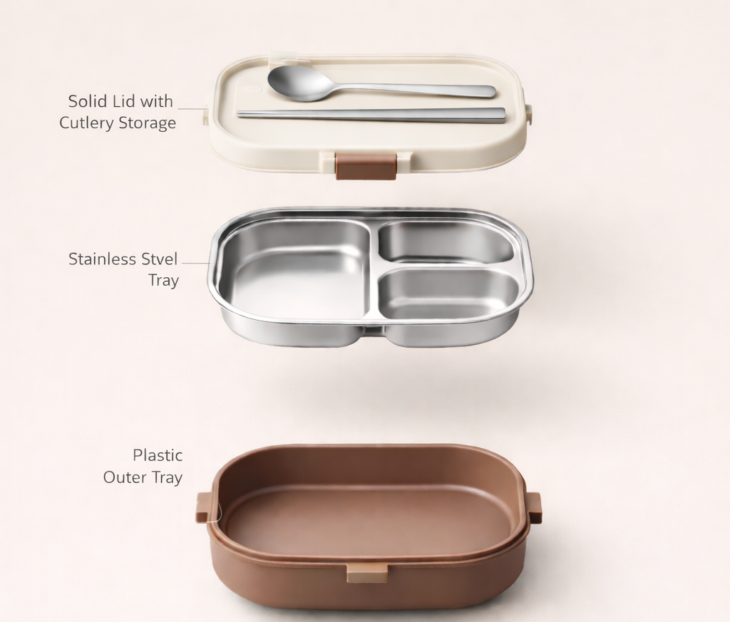 Lunch Box with Stainless Steel Inner Tray (900 ml) + Steel Spoon & Chopsticks | With Steam Vent | Leak proof lunch box