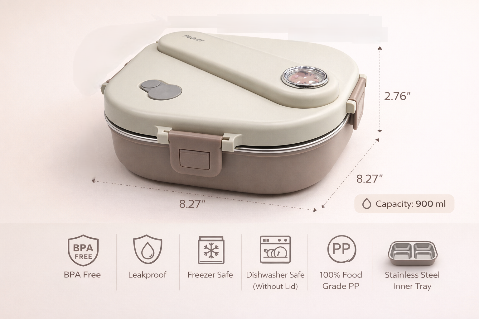 Lunch Box with Stainless Steel Inner Tray (900 ml) + Steel Spoon & Chopsticks | With Steam Vent | Leak proof lunch box