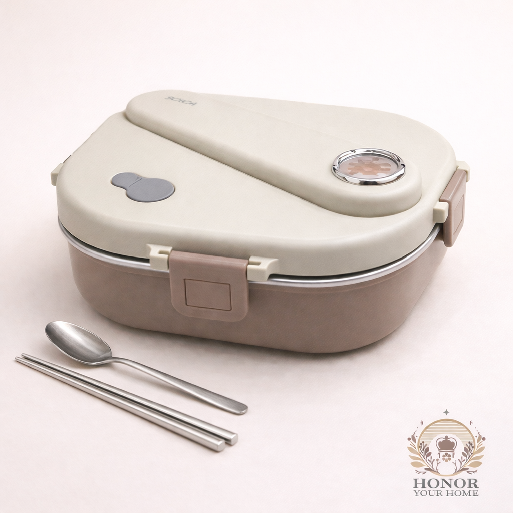 Lunch Box with Stainless Steel Inner Tray (900 ml) + Steel Spoon & Chopsticks | With Steam Vent | Leak proof lunch box