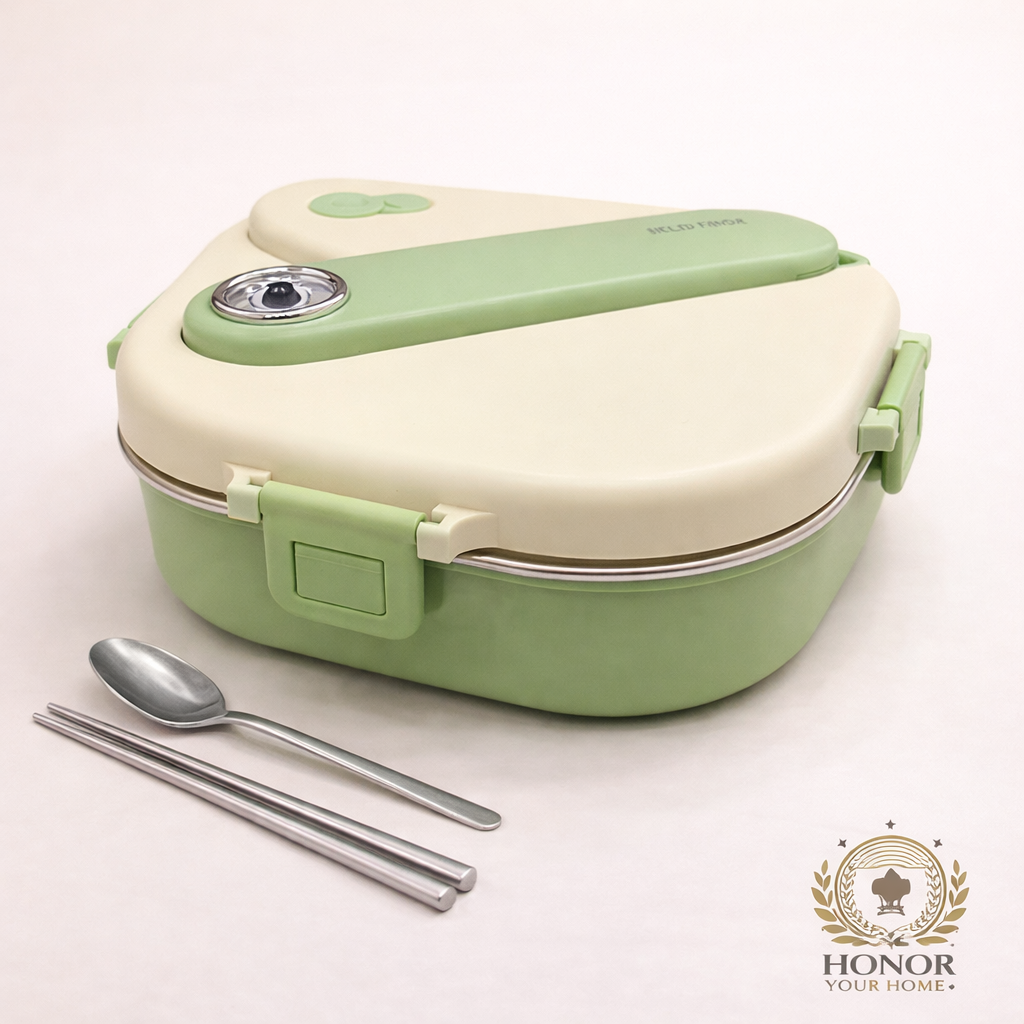 Lunch Box with Stainless Steel Inner Tray (900 ml) + Steel Spoon & Chopsticks | With Steam Vent | Leak proof lunch box