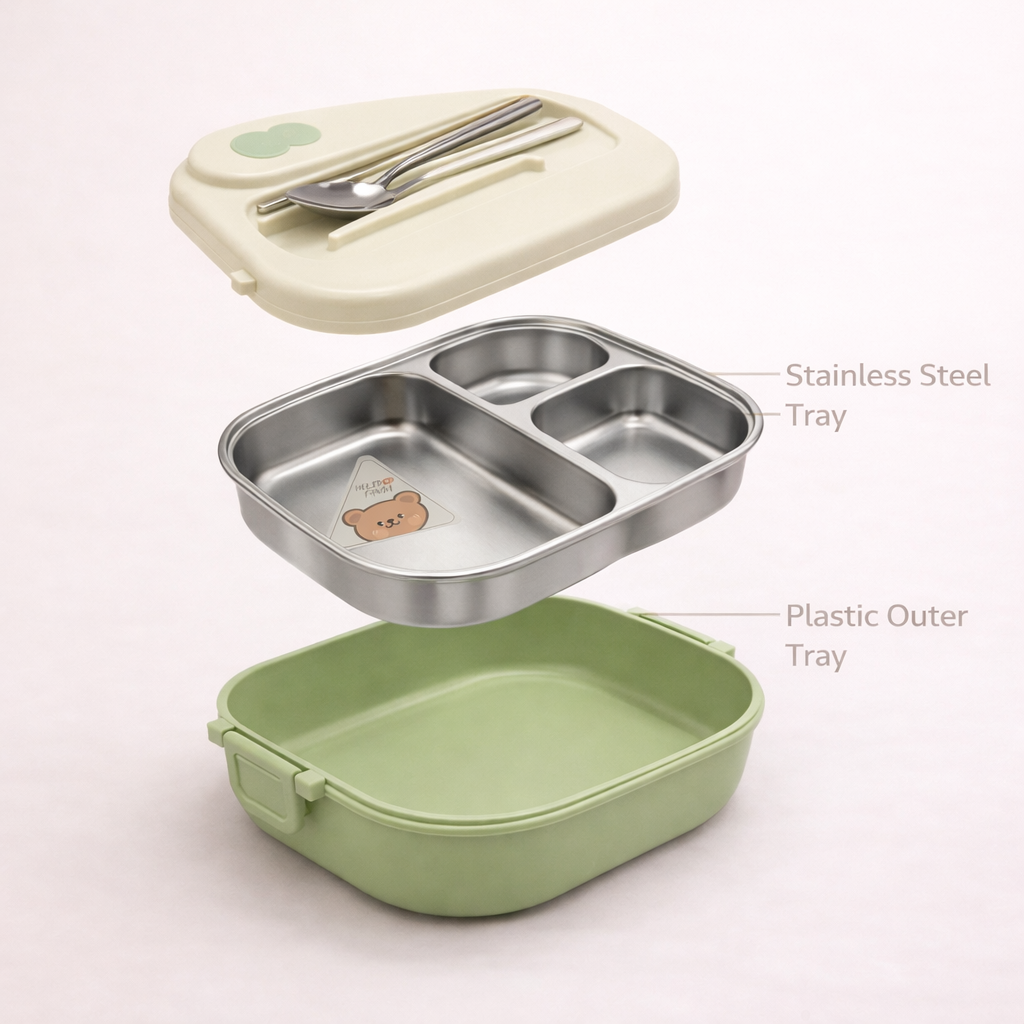 Lunch Box with Stainless Steel Inner Tray (900 ml) + Steel Spoon & Chopsticks | With Steam Vent | Leak proof lunch box