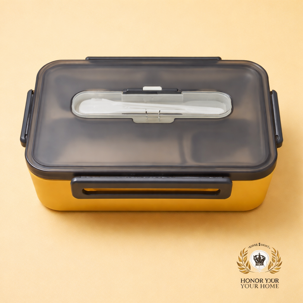 Lunch Box with Stainless Steel Inner Tray (900 ml) + Steel Spoon & Chopsticks | With Steam Vent | Leak proof lunch box