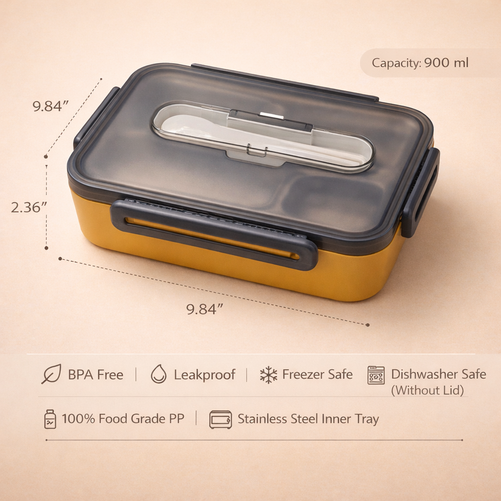 Lunch Box with Stainless Steel Inner Tray (900 ml) + Steel Spoon & Chopsticks | With Steam Vent | Leak proof lunch box