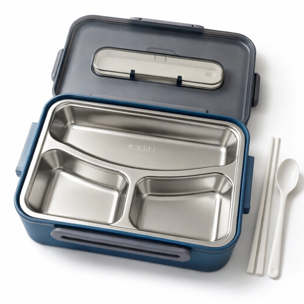 Lunch Box with Stainless Steel Inner Tray (900 ml) + Steel Spoon & Chopsticks | With Steam Vent | Leak proof lunch box