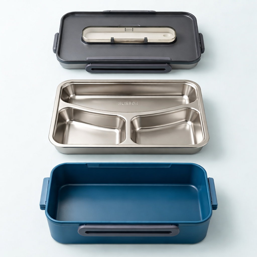 Lunch Box with Stainless Steel Inner Tray (900 ml) + Steel Spoon & Chopsticks | With Steam Vent | Leak proof lunch box
