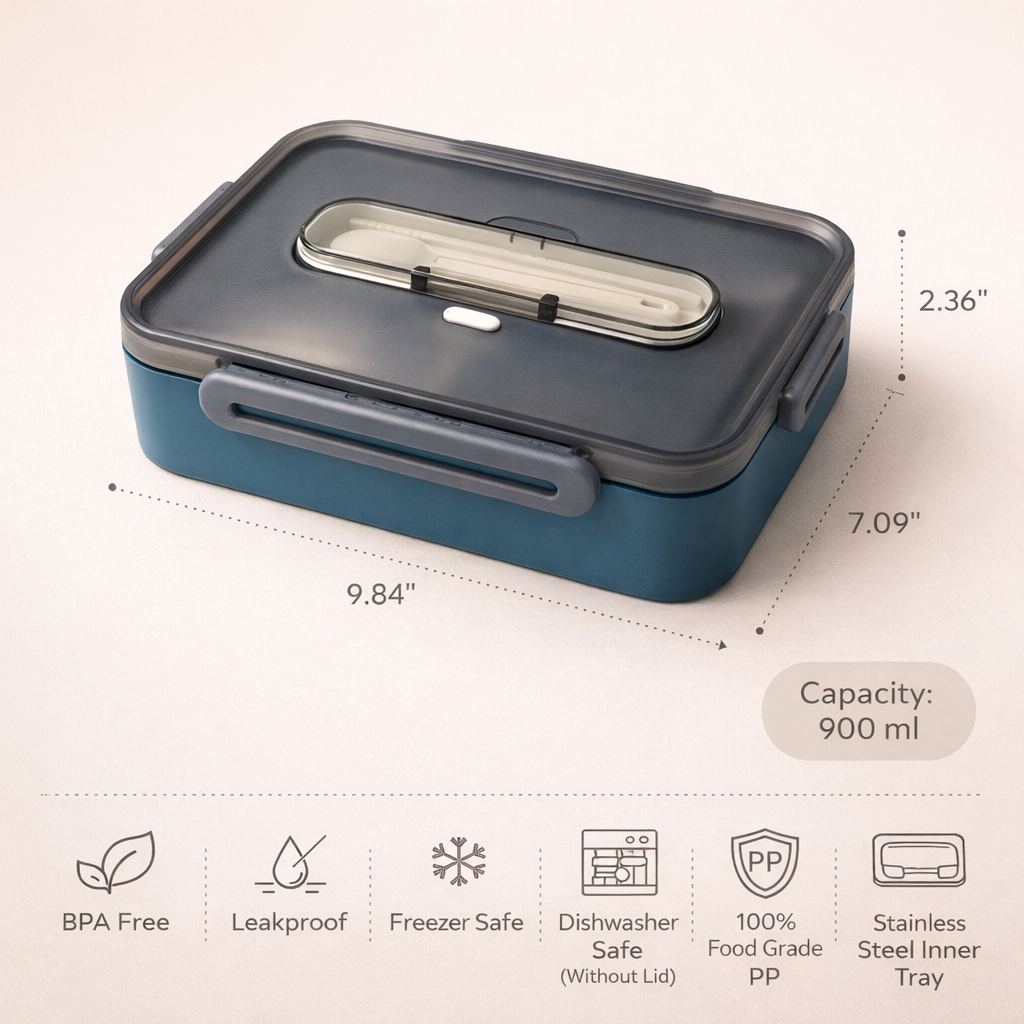 Lunch Box with Stainless Steel Inner Tray (900 ml) + Steel Spoon & Chopsticks | With Steam Vent | Leak proof lunch box