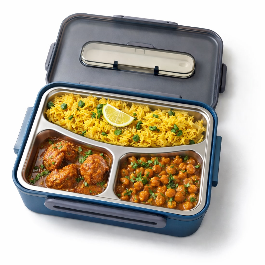 Lunch Box with Stainless Steel Inner Tray (900 ml) + Steel Spoon & Chopsticks | With Steam Vent | Leak proof lunch box