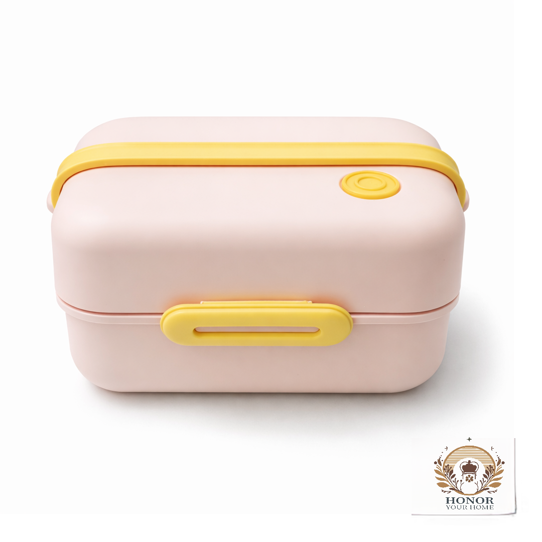 Travel Lunch Box with Handle 2 compartments (Total 900 ml) + Spoon & Fork | With Steam Vent | Leak proof lunch box