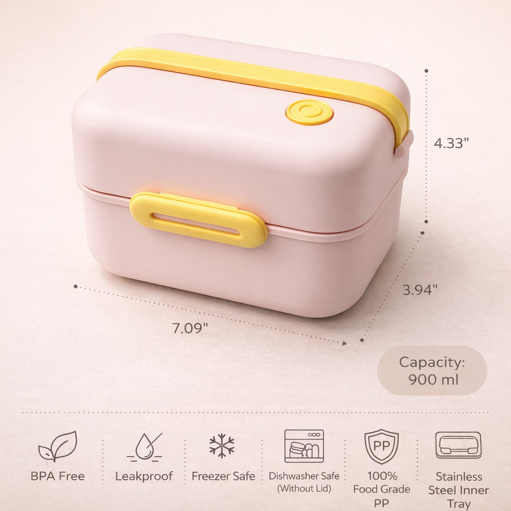 Travel Lunch Box with Handle 2 compartments (Total 900 ml) + Spoon & Fork | With Steam Vent | Leak proof lunch box