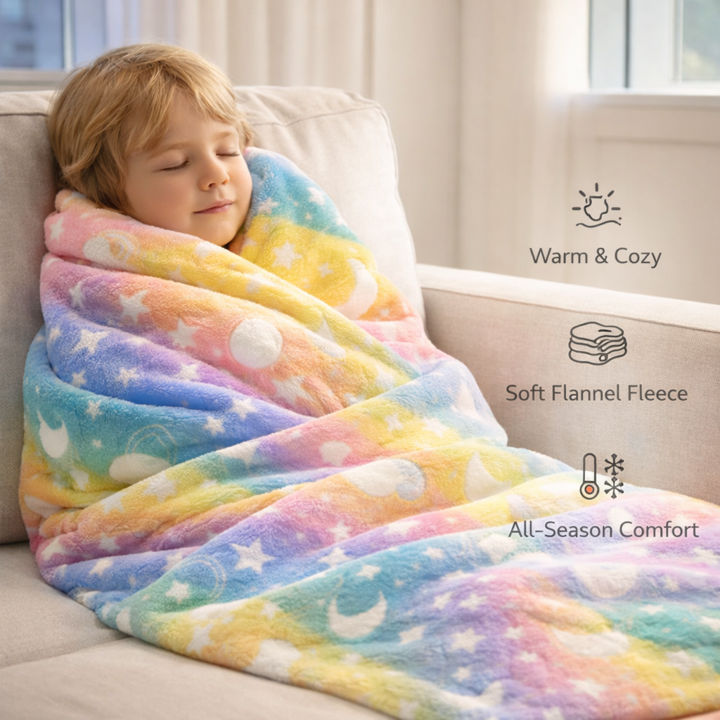 Rainbow Moon Kids Glow in Dark Blanket for bedtime | (150 × 200 cm) | Soft & Comfort