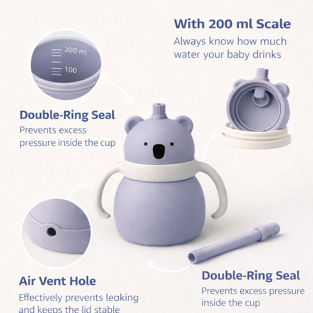 Silicone Baby Sipper Cup with Straw Grey Teddy Bear | BPA-Free | 200ml Baby Hydration Training Cup | Baby Travel sipper | Teething Friendly