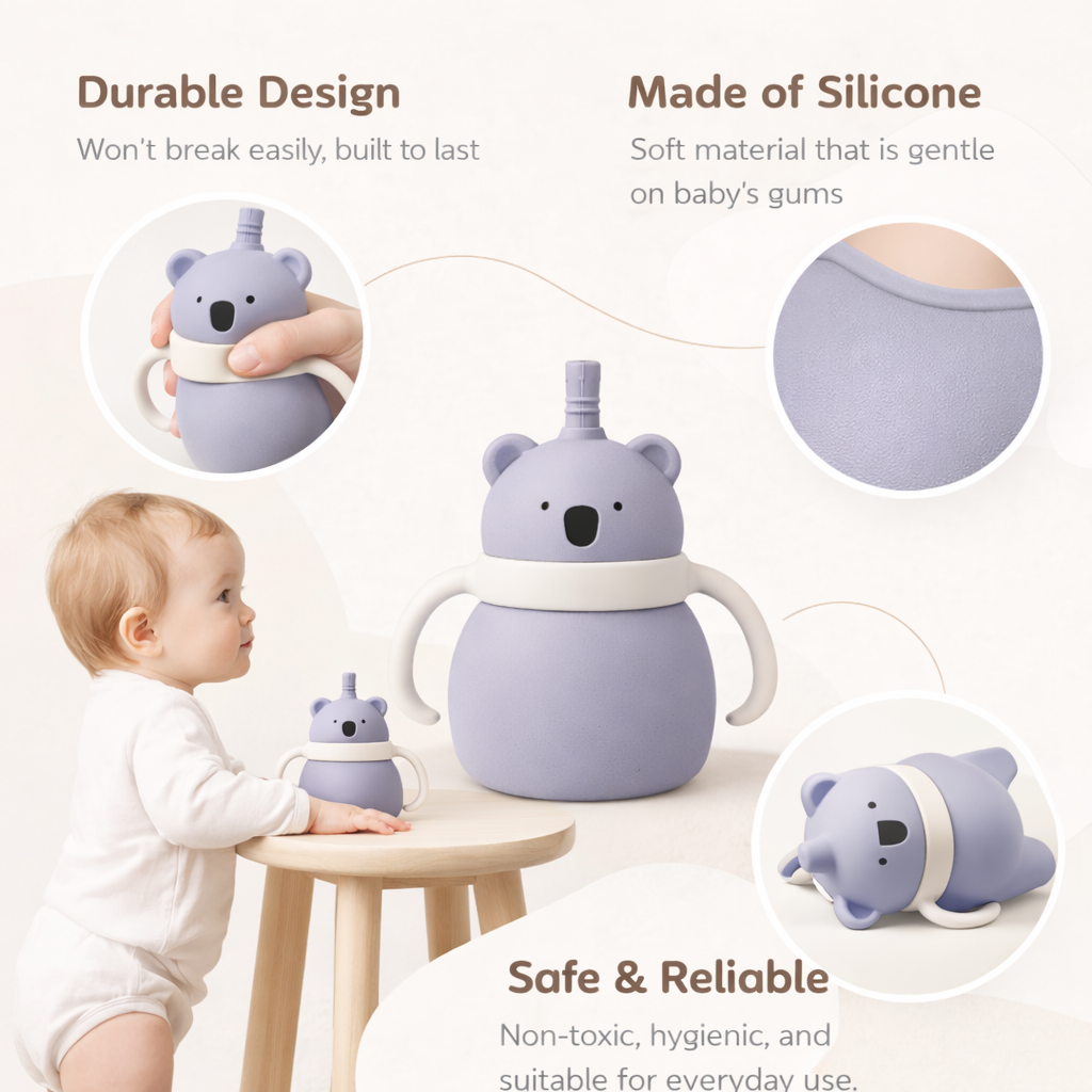 Silicone Baby Sipper Cup with Straw Grey Teddy Bear | BPA-Free | 200ml Baby Hydration Training Cup | Baby Travel sipper | Teething Friendly