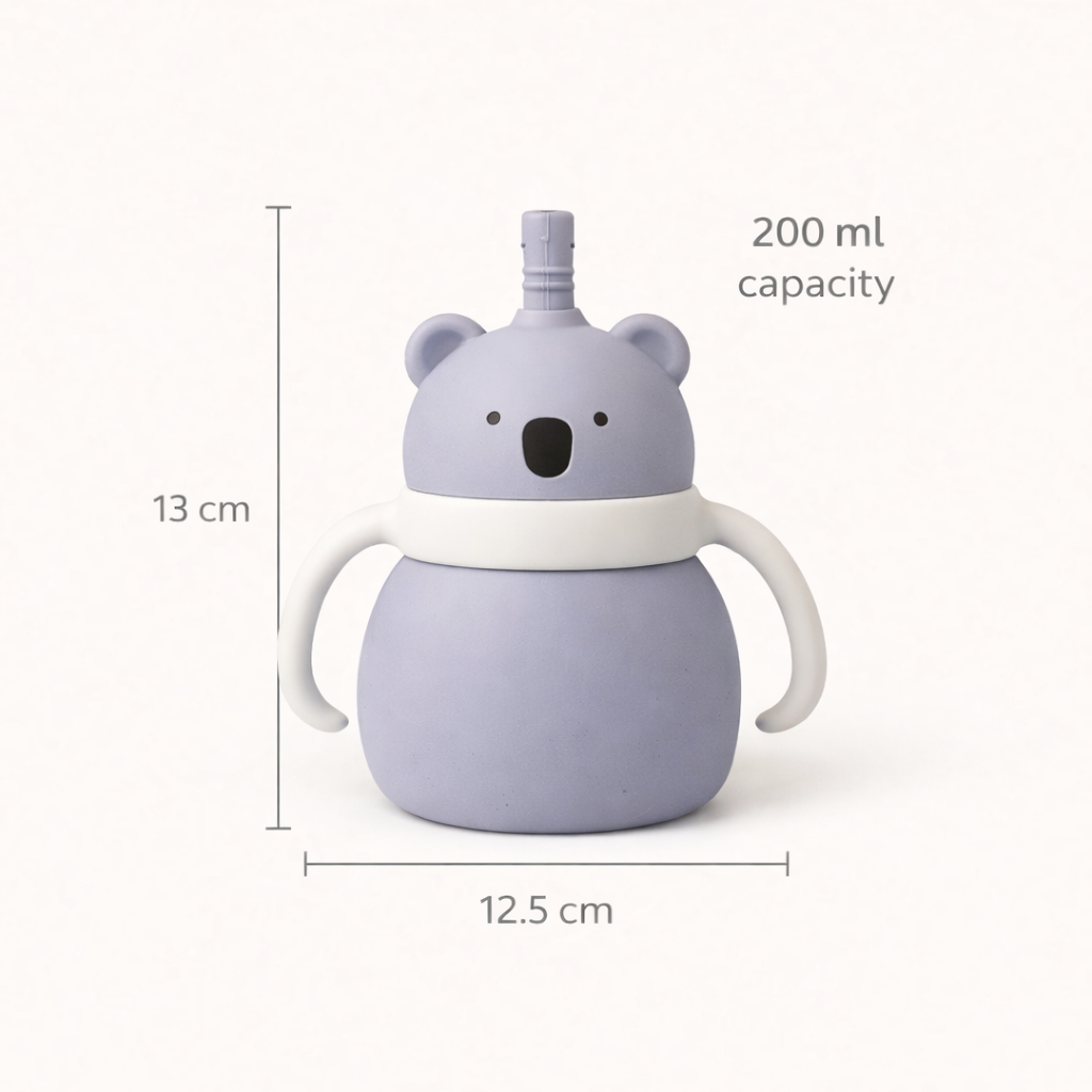 Silicone Baby Sipper Cup with Straw Grey Teddy Bear | BPA-Free | 200ml Baby Hydration Training Cup | Baby Travel sipper | Teething Friendly