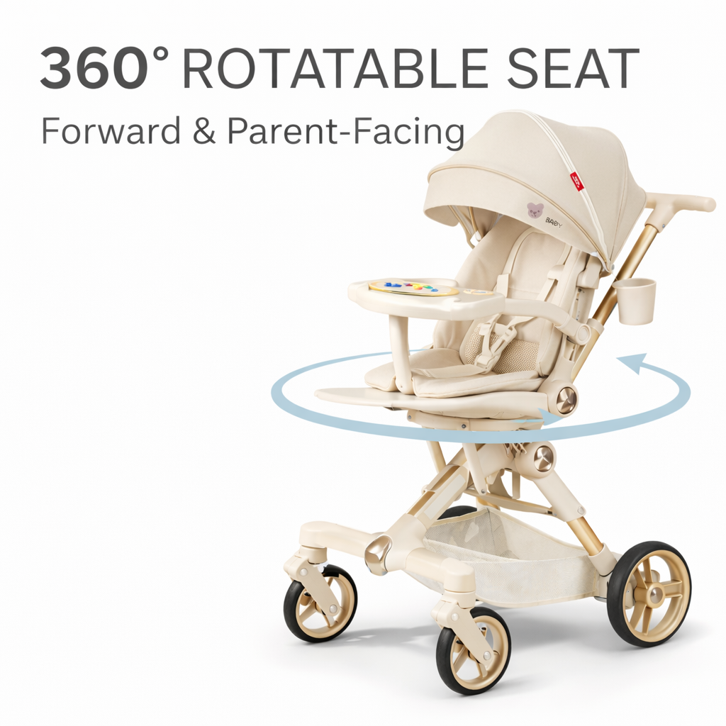 360° Rotatable Baby Stroller with Removable Feeding Table | Stroller with food tray and cup holder | Parent facing | Adjustable recline