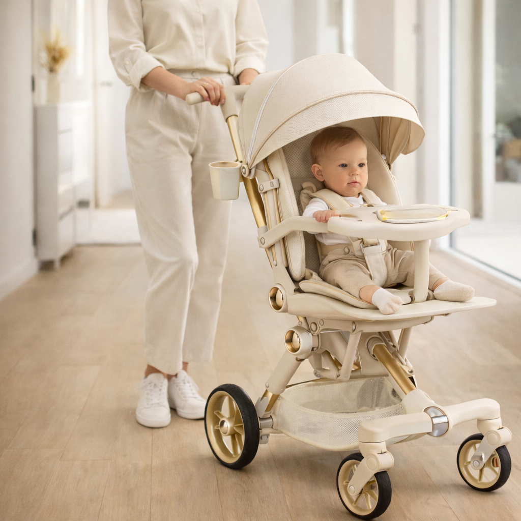 360° Rotatable Baby Stroller with Removable Feeding Table | Stroller with food tray and cup holder | Parent facing | Adjustable recline