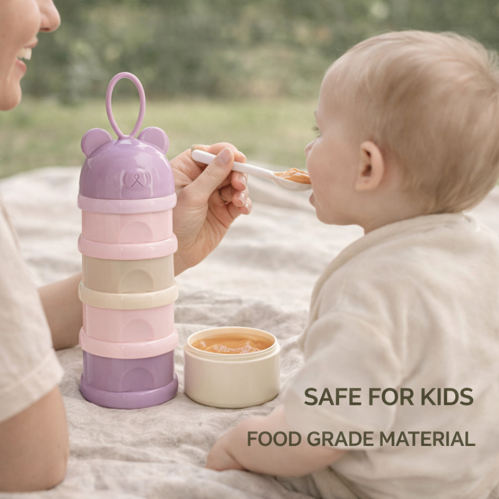 4 Layer Milk Cute Bear Portable Baby Food Milk Powder Storage Bottle Milk and Food Container, Microwavable Baby Food Box - Multicolour