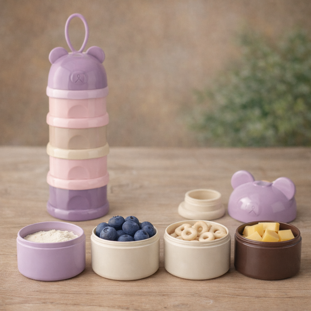 4 Layer Milk Cute Bear Portable Baby Food Milk Powder Storage Bottle Milk and Food Container, Microwavable Baby Food Box - Multicolour