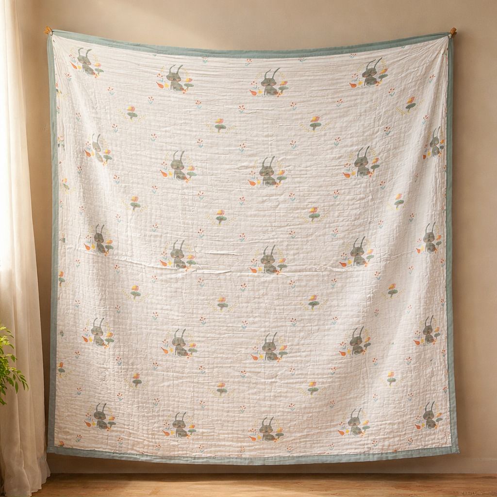 Green Rabbit Print Muslin Blanket for Kids (150×200 cm) | Cozy & Breathable