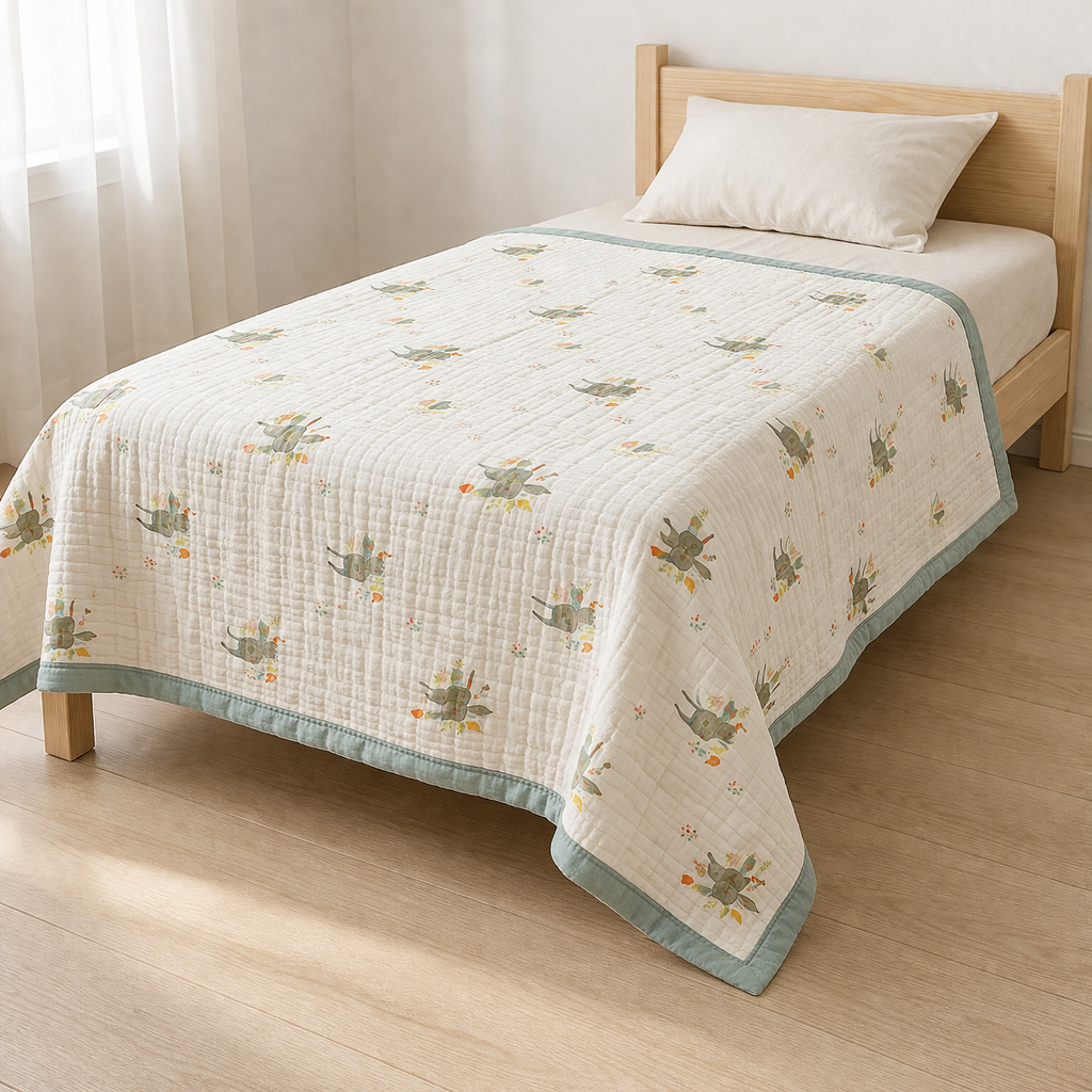 Green Rabbit Print Muslin Blanket for Kids (150×200 cm) | Cozy & Breathable