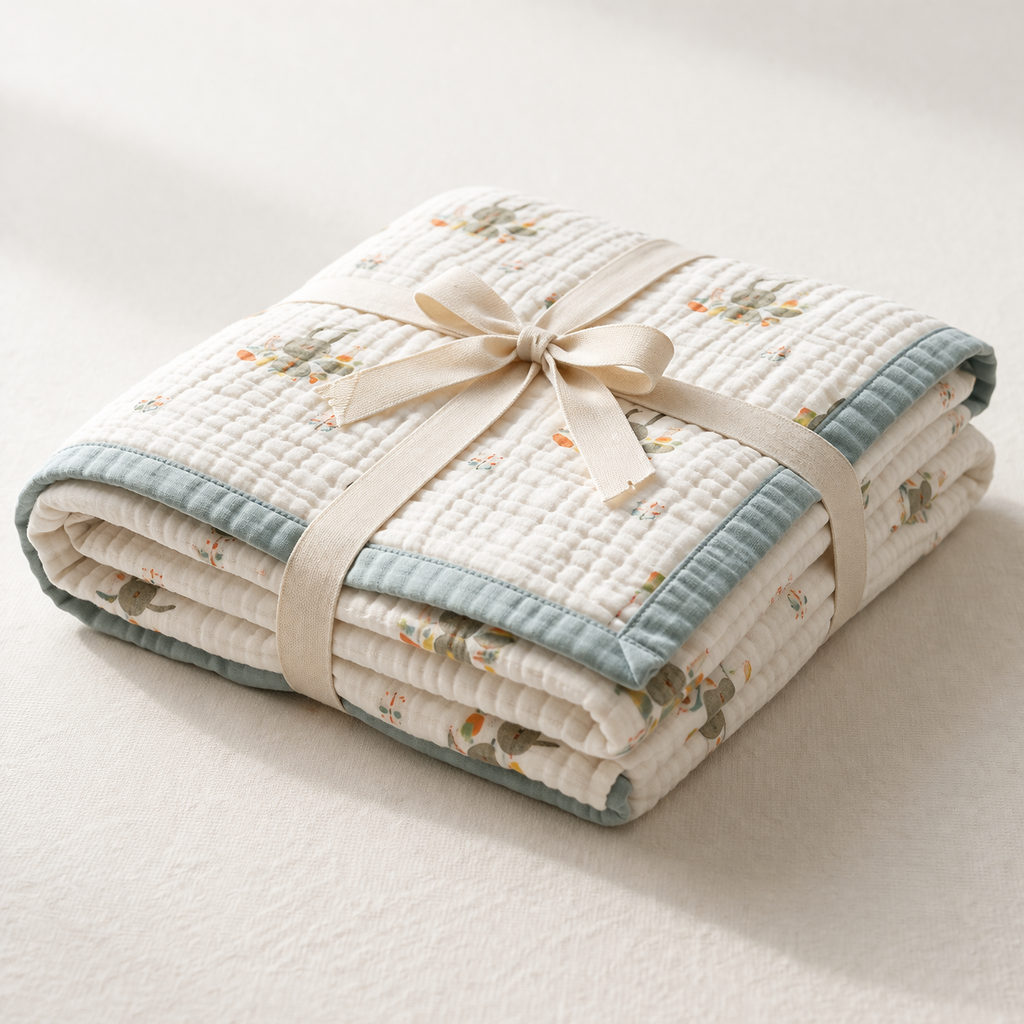 Green Rabbit Print Muslin Blanket for Kids (150×200 cm) | Cozy & Breathable