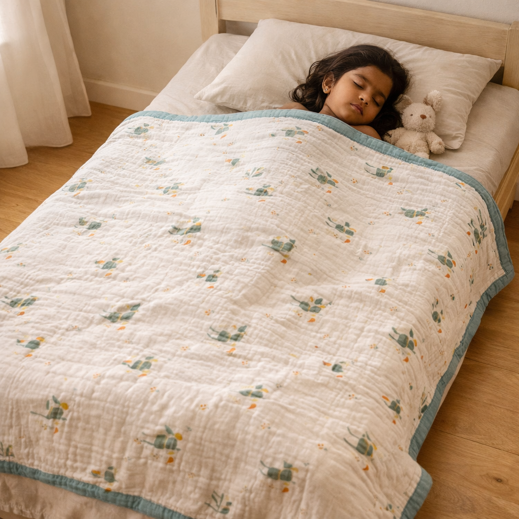 Green Rabbit Print Muslin Blanket for Kids (150×200 cm) | Cozy & Breathable