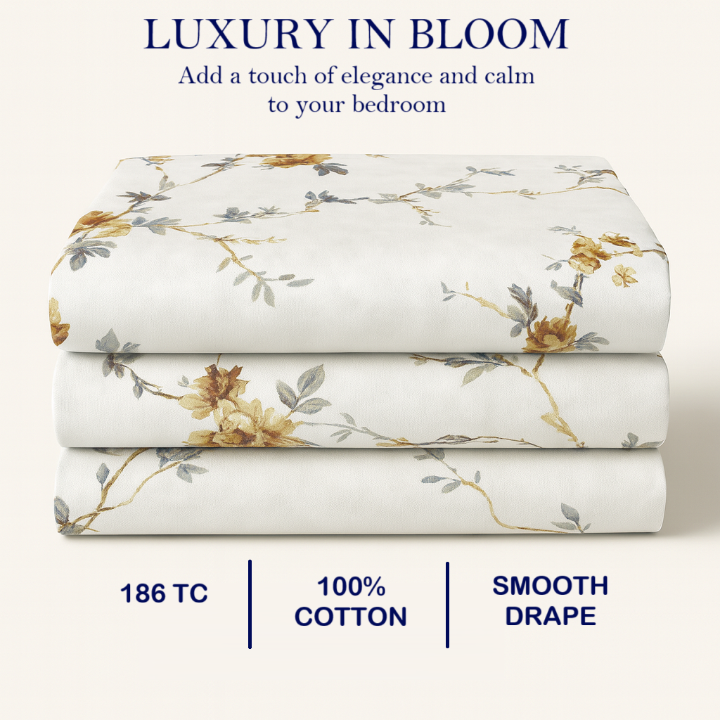 Pure White Floral Cotton Satin Bedsheet for King Size Bed | 1 Bedsheets (108x108Inches) with 2 Pillow Covers | 186 TC Bedsheet