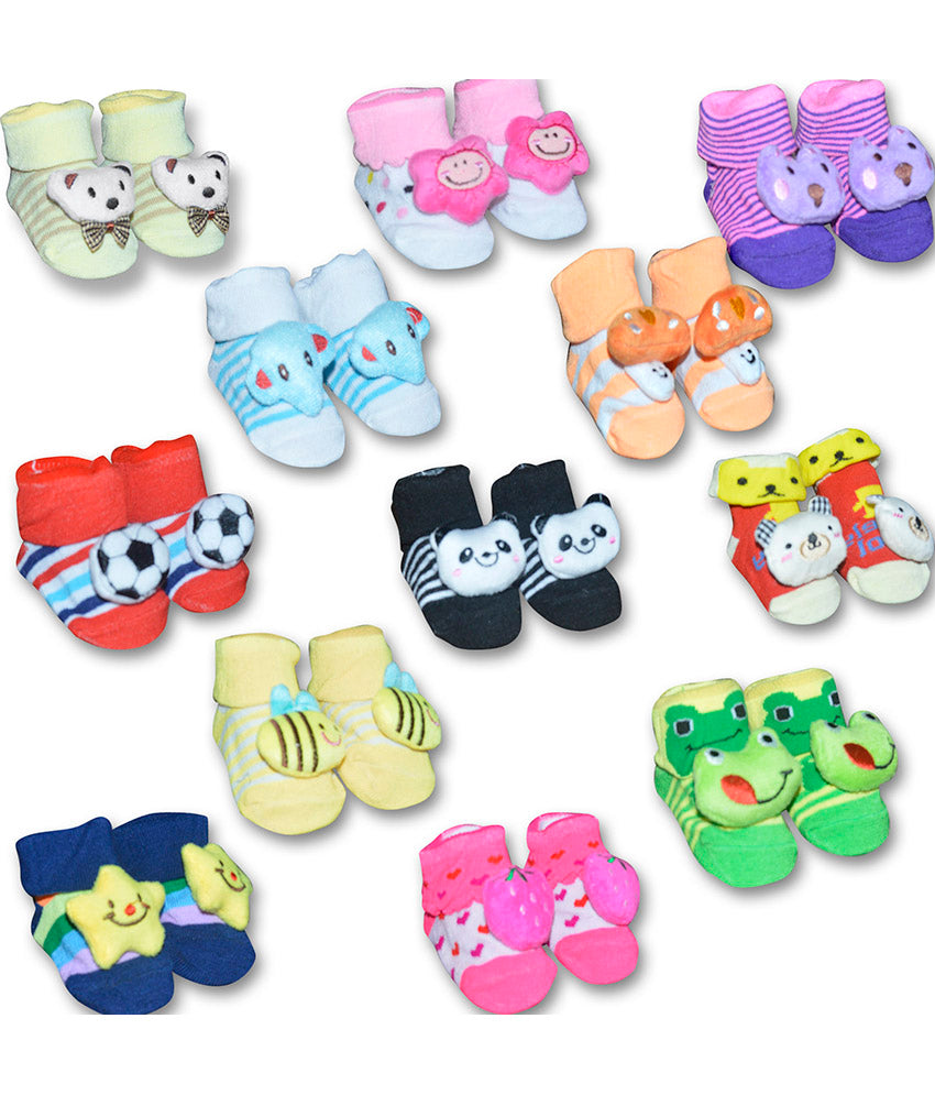 Collection of colorful baby socks with various designs