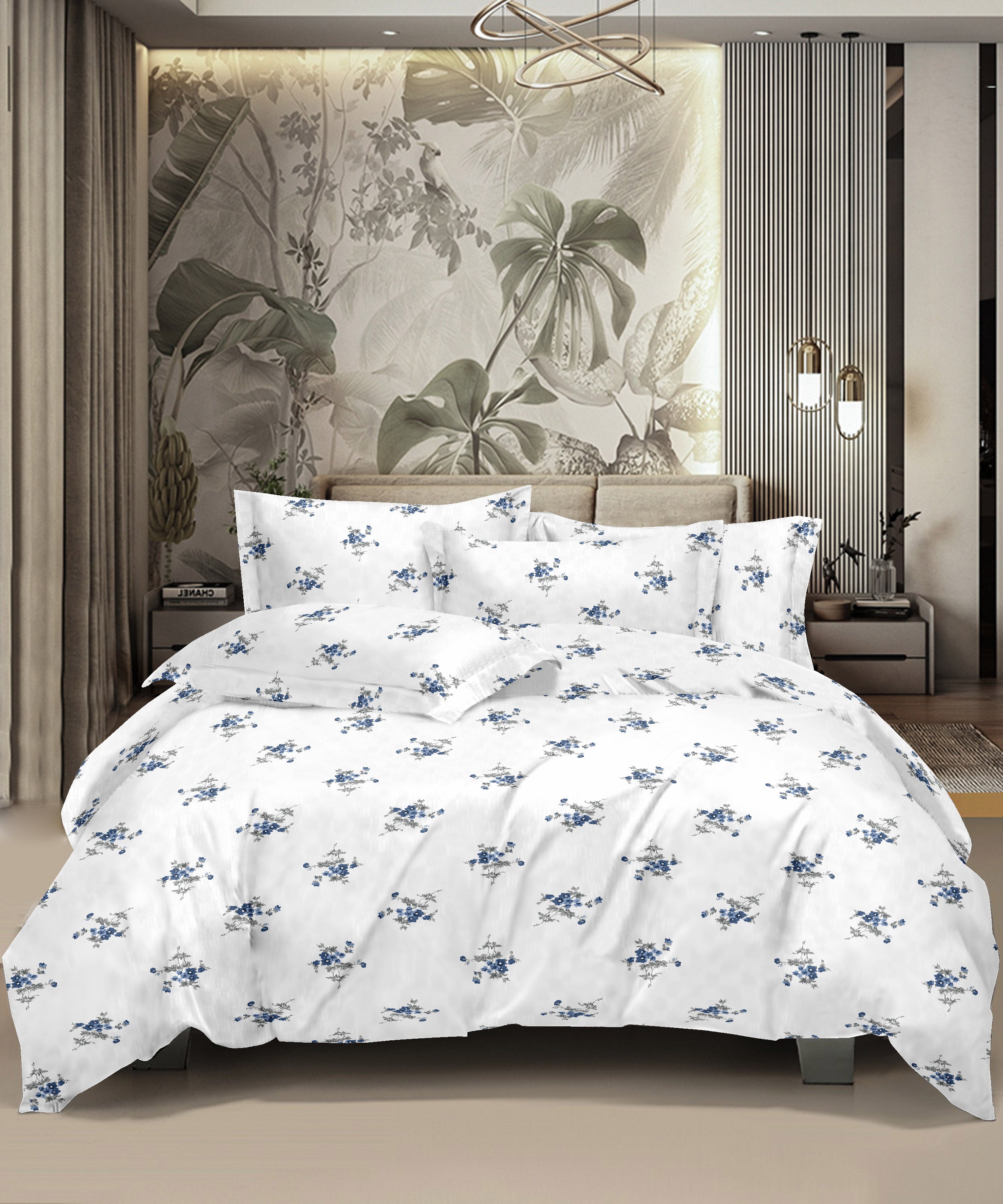 Cotton Floral Bedsheet (White Blue)