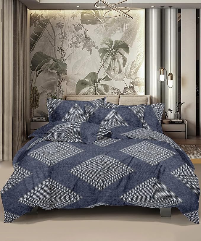 Echo Square Navy Blue Glaze Cotton Double Bedsheet | 300 TC