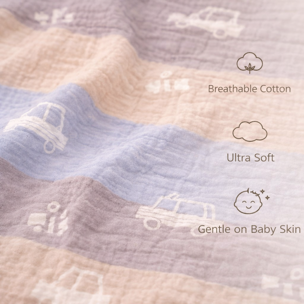 Blue White Car Print New Born Baby Blanket | 100% Cotton Multipurpose Blanket for Babies