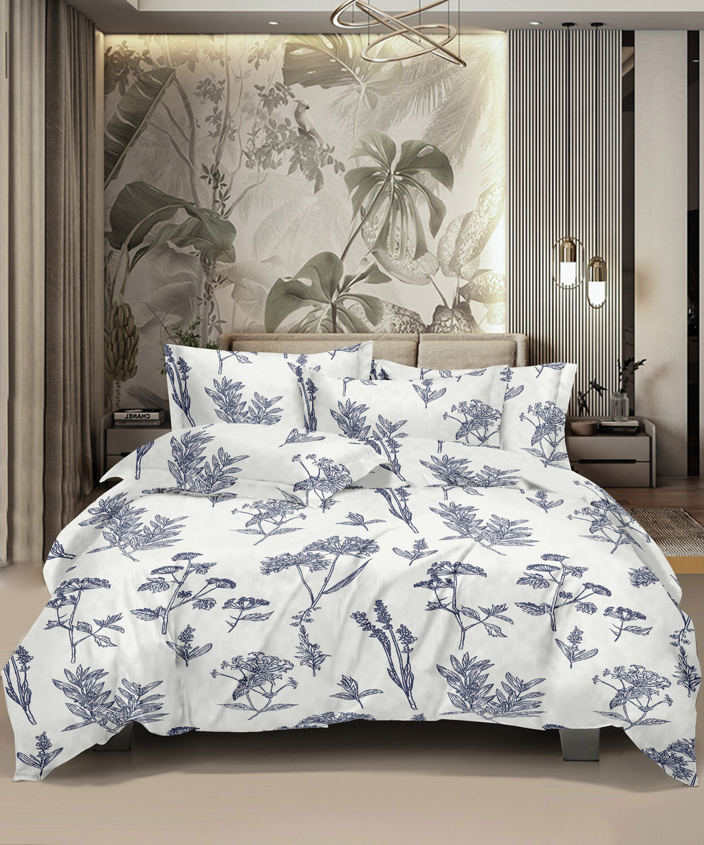 Glaze Cotton King Size Bedsheet | 300 TC Aquatic Blossoms White Blue