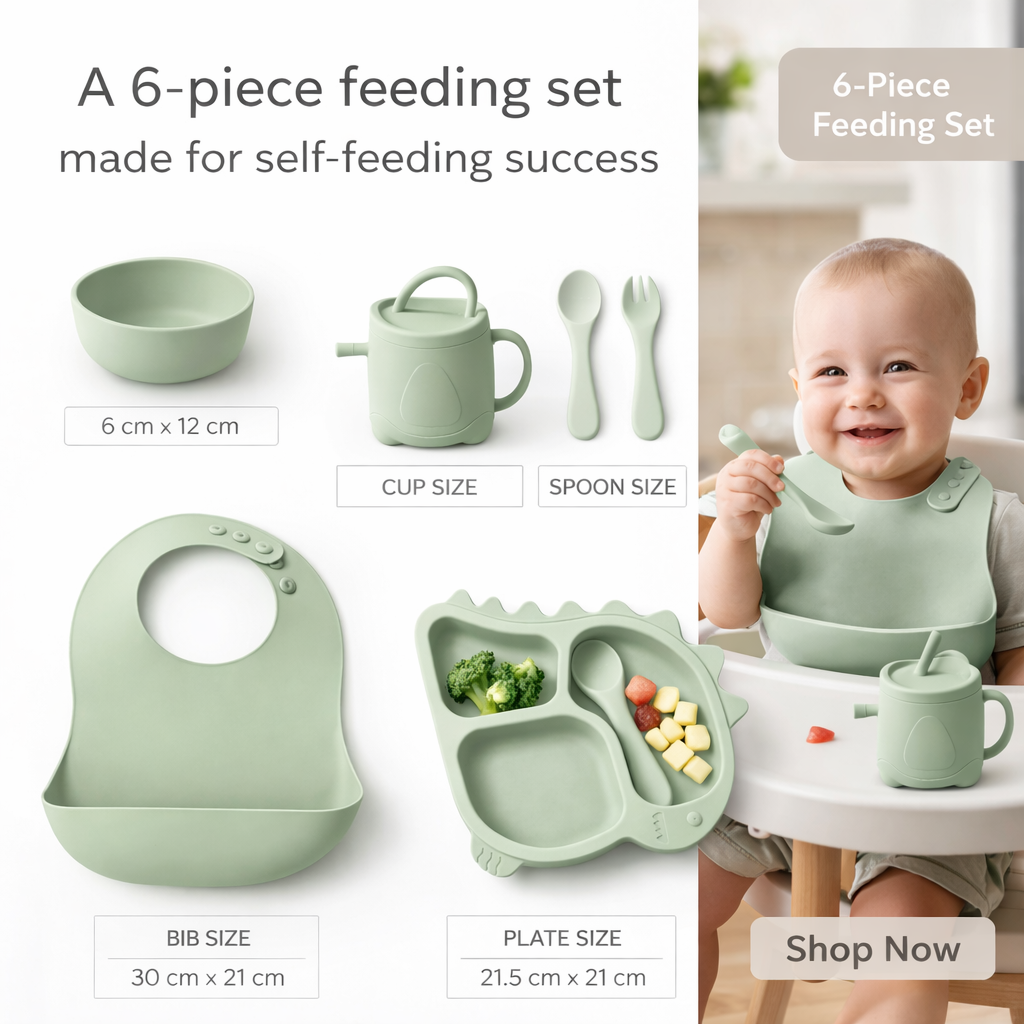 Silicone Baby Feeding Set (Green) | Plate + Bowl + Bib + Straw Cup + Spoon + Fork | BPA-Free | Spill Proof | Mess-Reducing Mealtime Kit