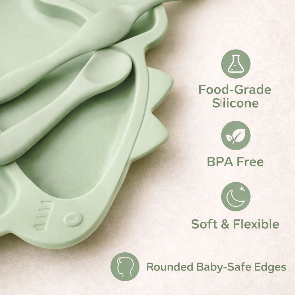 Silicone Baby Feeding Set (Green) | Plate + Bowl + Bib + Straw Cup + Spoon + Fork | BPA-Free | Spill Proof | Mess-Reducing Mealtime Kit