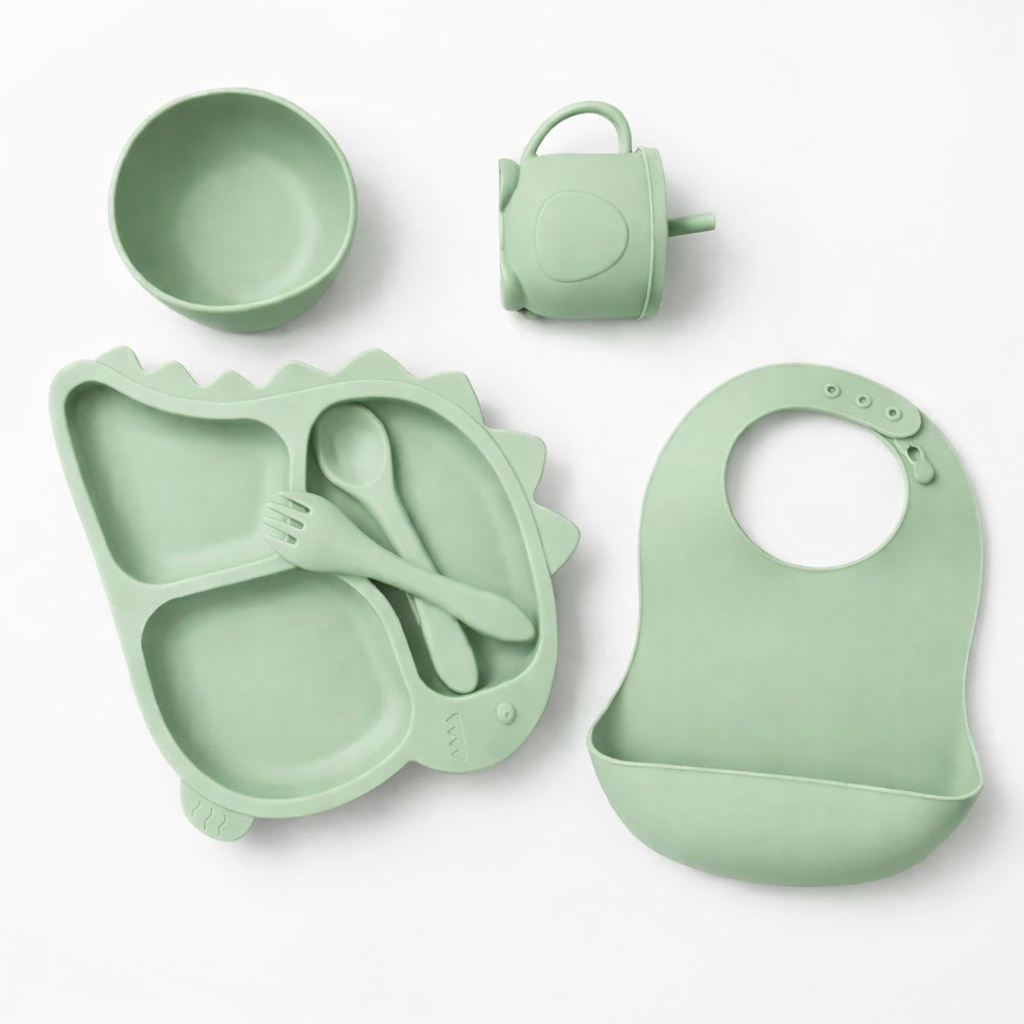 Silicone Baby Feeding Set (Green) | Plate + Bowl + Bib + Straw Cup + Spoon + Fork | BPA-Free | Spill Proof | Mess-Reducing Mealtime Kit
